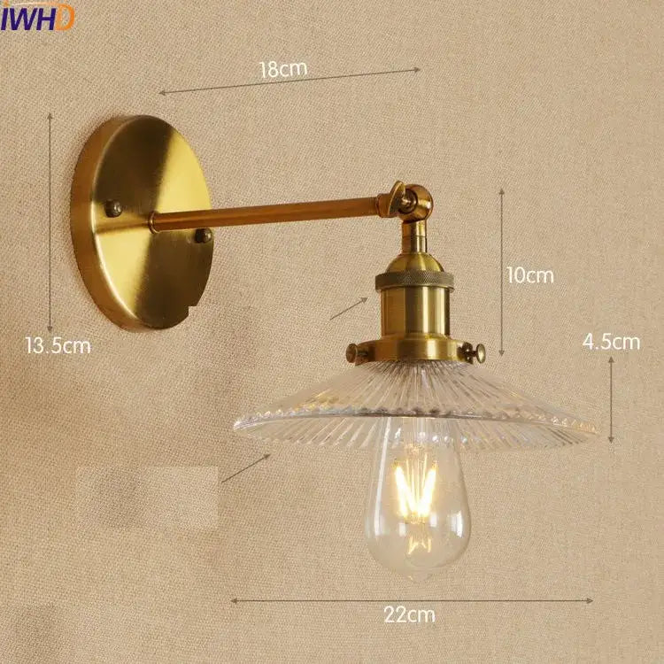 DecorBites antique brass industrial wall sconce with vintage clear ribbed glass shade and exposed filament bulb