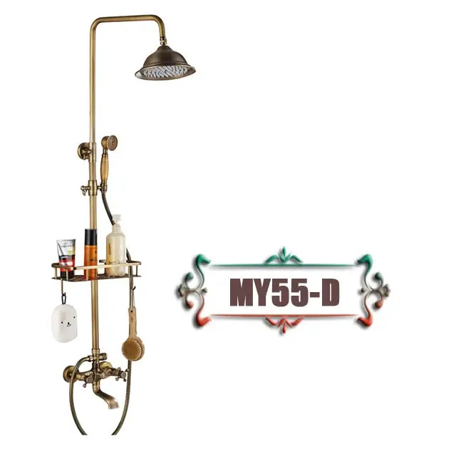 Decorbites antique brass wall mount bathtub shower faucet with dual handle rainhead handheld sprayer and shelf