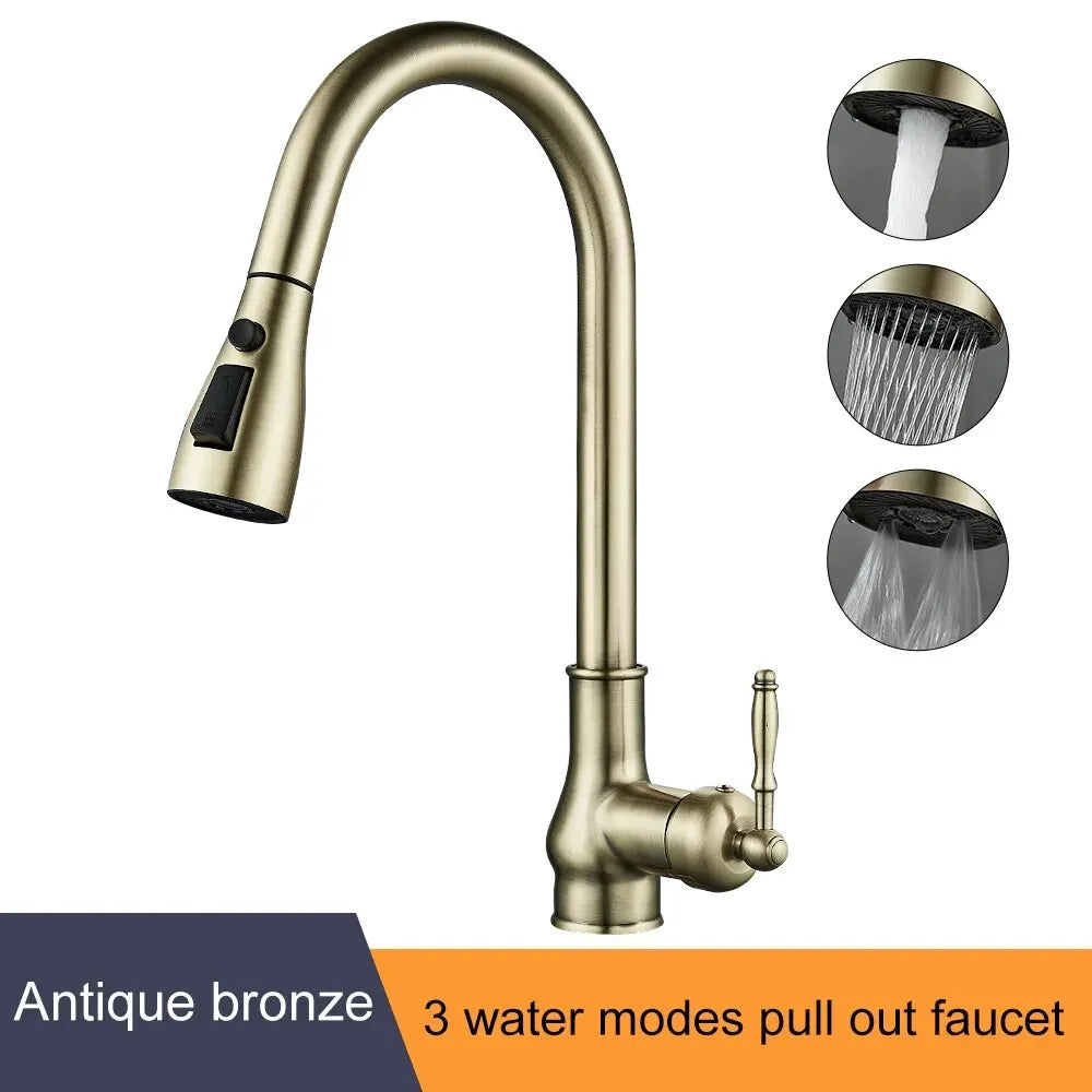 DecorBites antique bronze pull out kitchen faucet with sleek curved spout and classic handle bronze kitchen faucet design