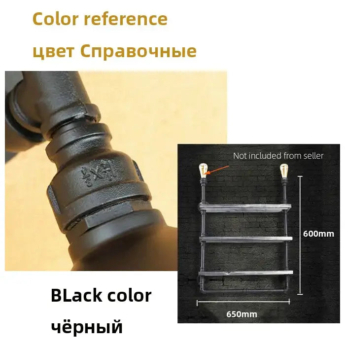 Black pipe ladder shelf with three tiers and two exposed bulbs in decorbites antique industrial wall lamp design