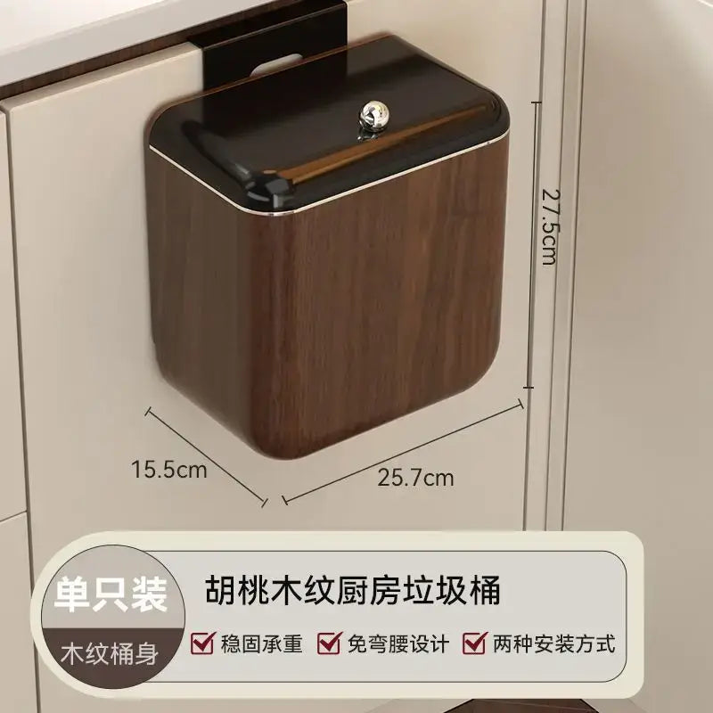 A decorbites antique style wall-mounted kitchen trash can with a large capacity wood grain finish and black lid