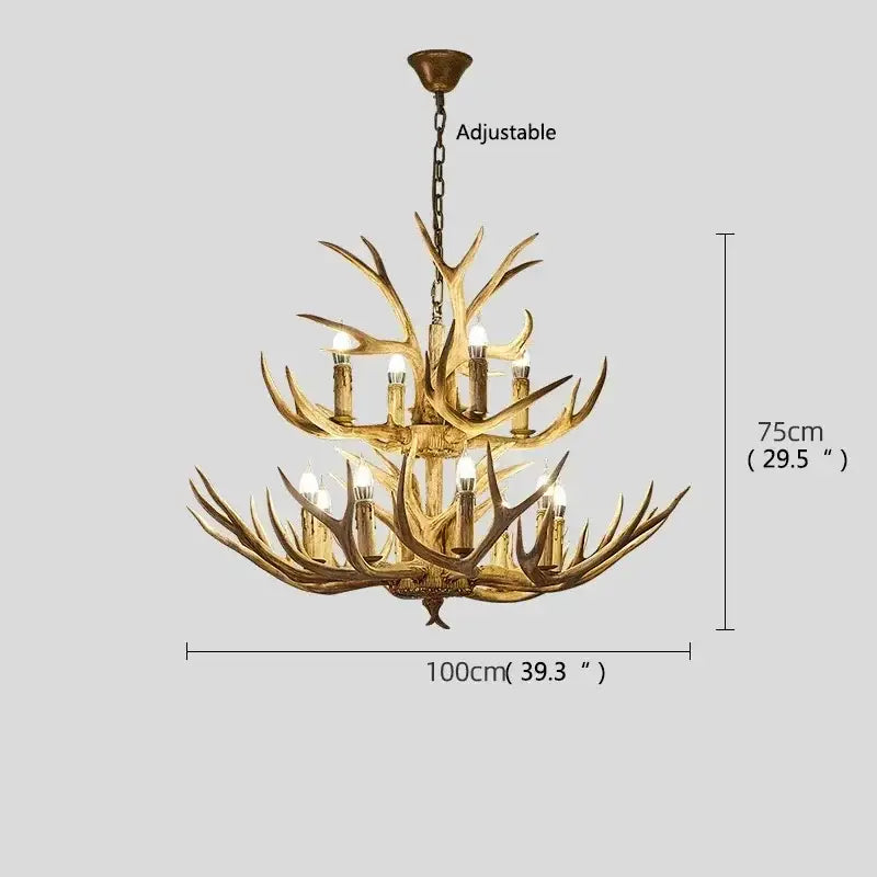 Gold-finished multi-tier decorbites antler deer chandelier with candle-style bulbs rustic resin hanging lamp for living room