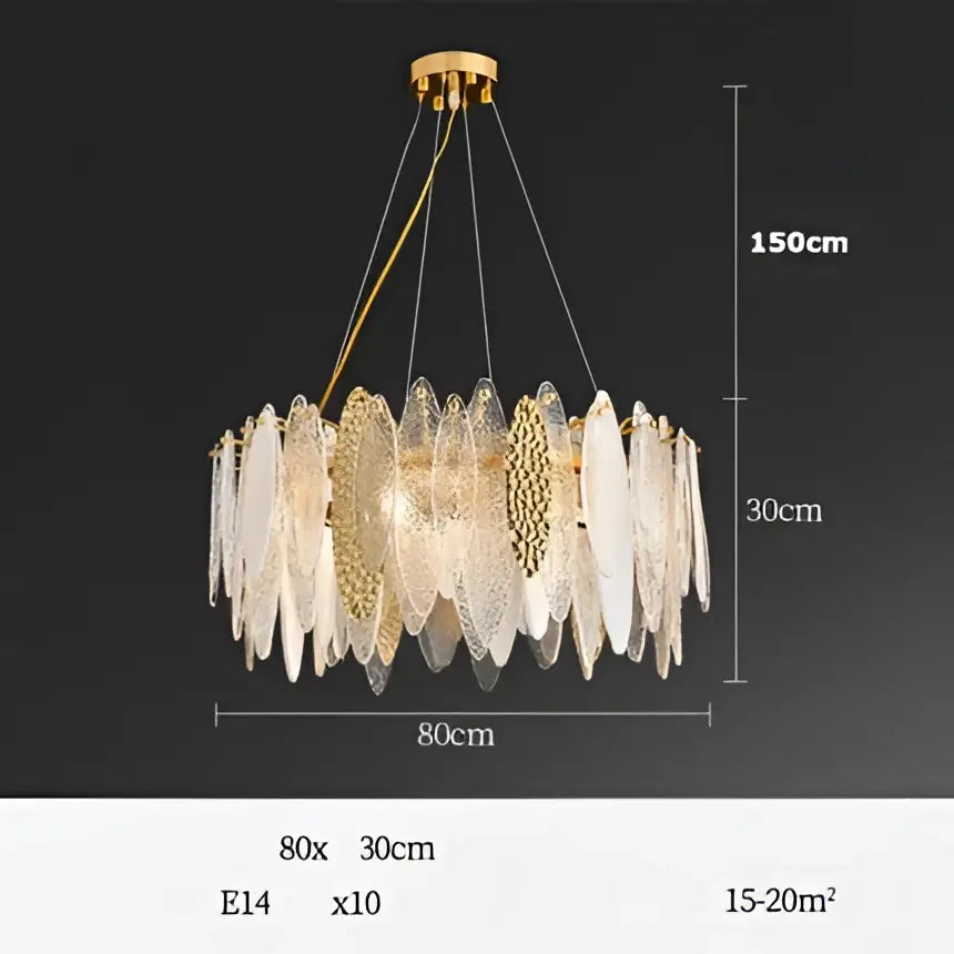Gold-toned DecorBites Art Deco glass iron LED chandelier with layered translucent leaf-shaped shades for dining room