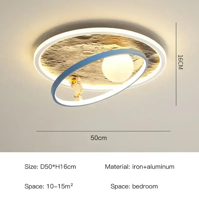 Modern decorbites astronaut led chandelier with moon textured center blue orbital ring and white led for kids bedroom