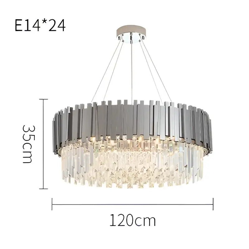 A modern decorbites black gold crystal lighting fixture with a sleek silver frame and cascading clear crystal droplets