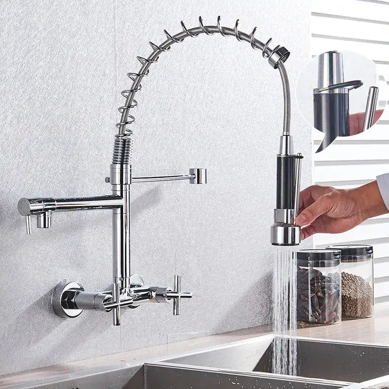 Chrome-finished flexible gooseneck kitchen faucet with pull-down spray and dual-handle control for decorbites black kitchen faucet