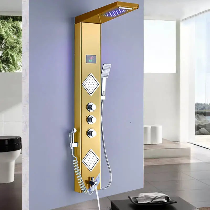 Gold-colored modern DecorBites black led shower panel with rectangular rainhead, blue LED lights, and multiple control knobs