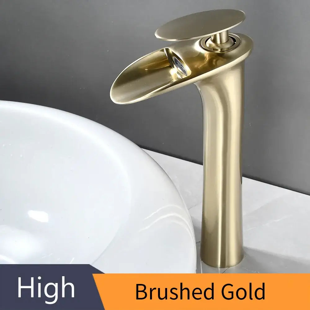 Brushed gold waterfall bathroom faucet mixer tap by DecorBites™ with sleek modern design for basin faucets modern use