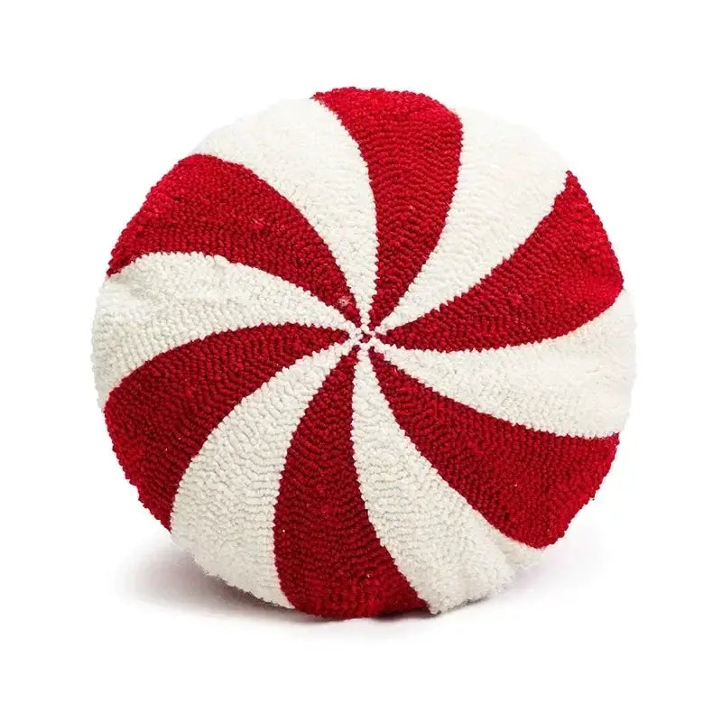 A plush round christmas candy cushion by decorbites featuring bold red and white stripes in tufted fabric