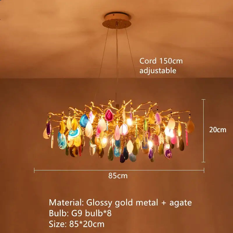 A decorbites colorful agate chandelier with glossy gold metal arms and vibrant agate slices for dining room and bedroom