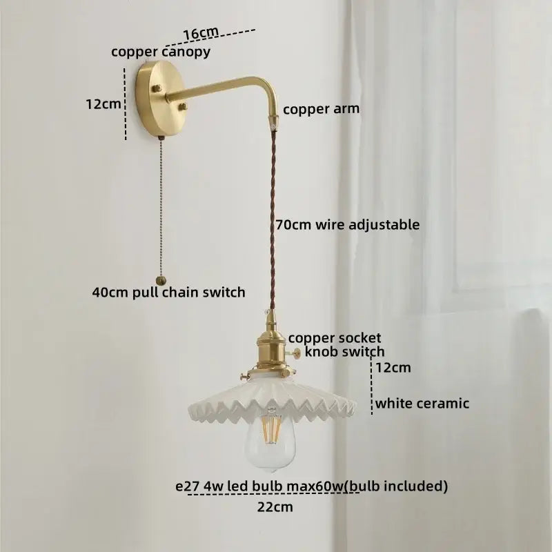 DecorBites™ Copper Ceramic LED Wall Light Pull Chain Switch Modern Bedroom Lamp
