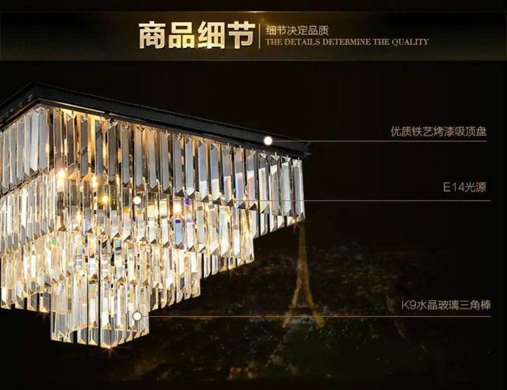 Rectangular decorbites crystal ceiling light with tiered faceted k9 glass prisms and black iron frame for modern décor