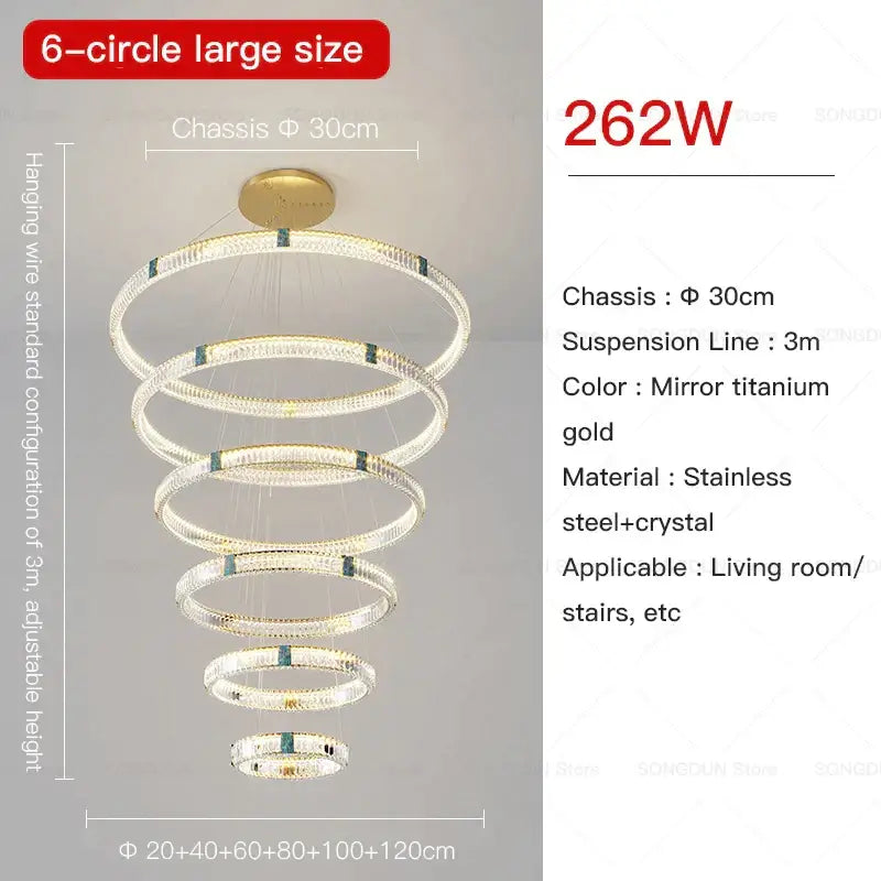 A modern six-circle spiral decorbites crystal chandelier with mirror titanium gold finish and stainless steel crystal construction