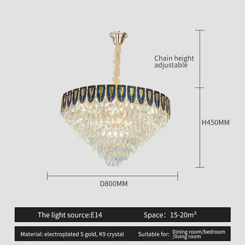 Decorbites crystal chandelier with gold electroplated frame and cascading k9 crystals for living room and hotel use
