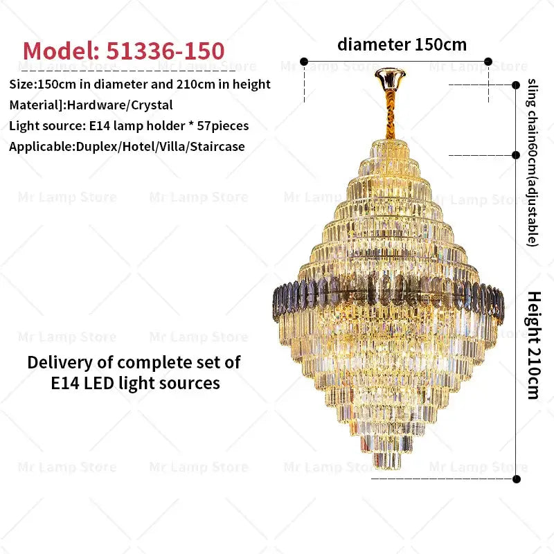 Golden-toned decorbites crystal chandelier with faceted crystal tiers and brass chain for luxe penthouse stairwell lighting
