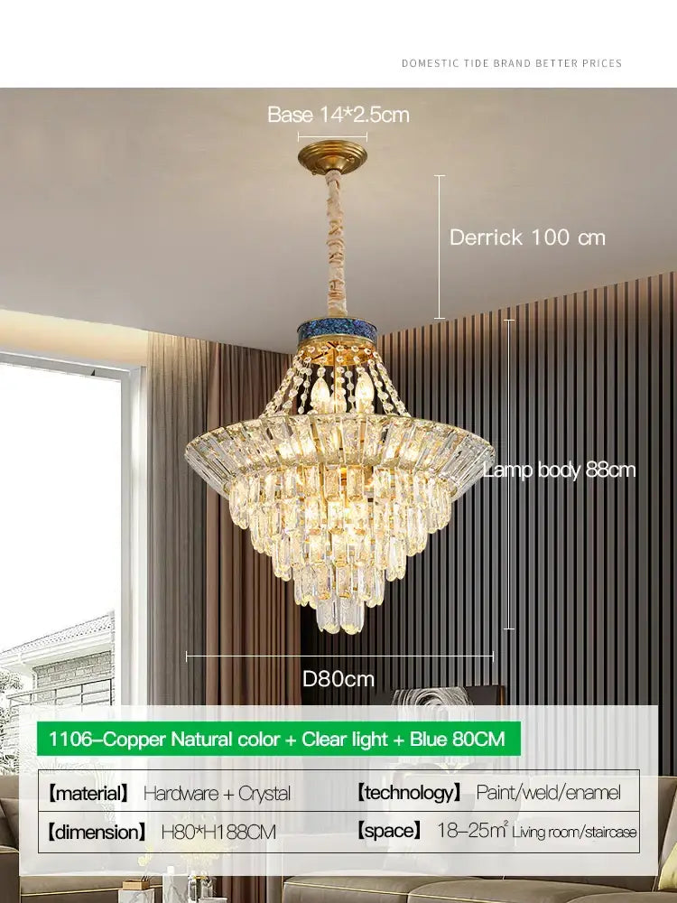 DecorBites crystal chandelier with copper-finished base and cascading clear crystals for luxury living room lighting