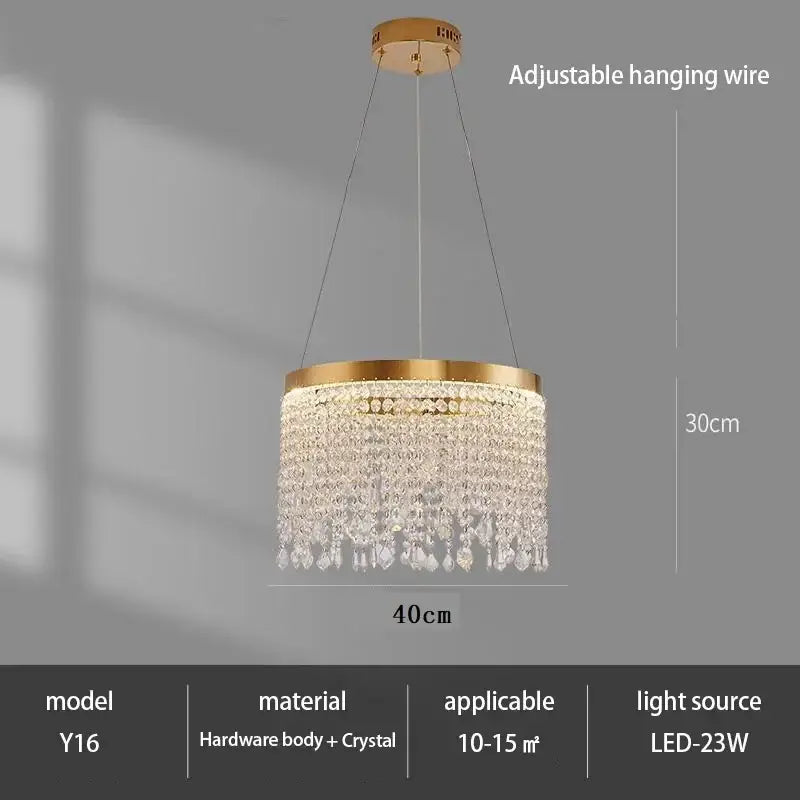Gold-toned decorbites crystal chandelier with cascading crystal droplets and circular hardware frame for living room and kitchen