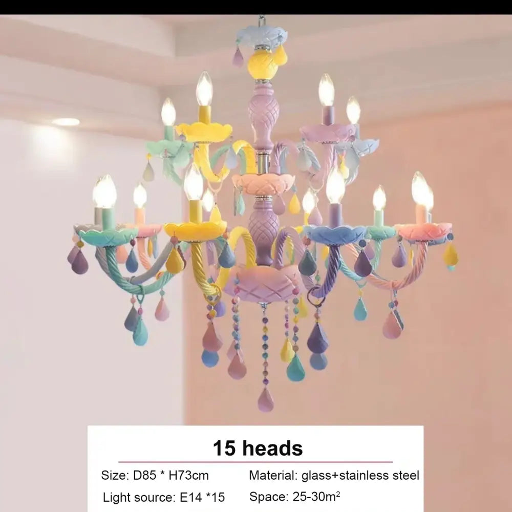 Decorbites crystal chandelier pastel macaron color with 15 candle-style lights glass and stainless steel modern design