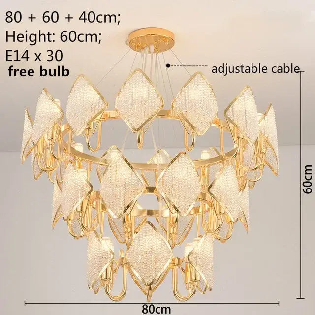 Gold-toned decorbites crystal chandelier pendant light with diamond-shaped crystal pendants for modern living room décor