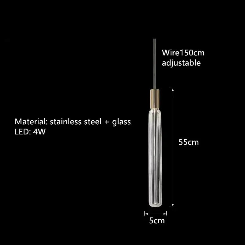 Decorbites glass tubes chandelier pendant lamp with clear ridged glass tubes and brass stainless steel fixture suspended by wire