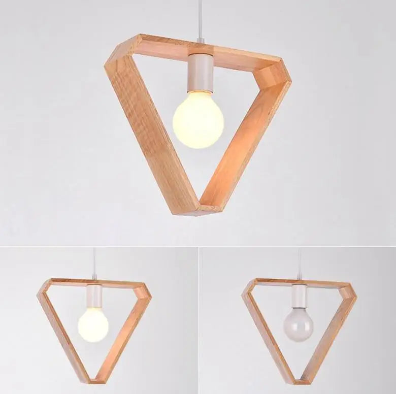 Decorbites™ hanging wooden lights featuring a minimalist triangular wooden pendant with natural finish and exposed bulb