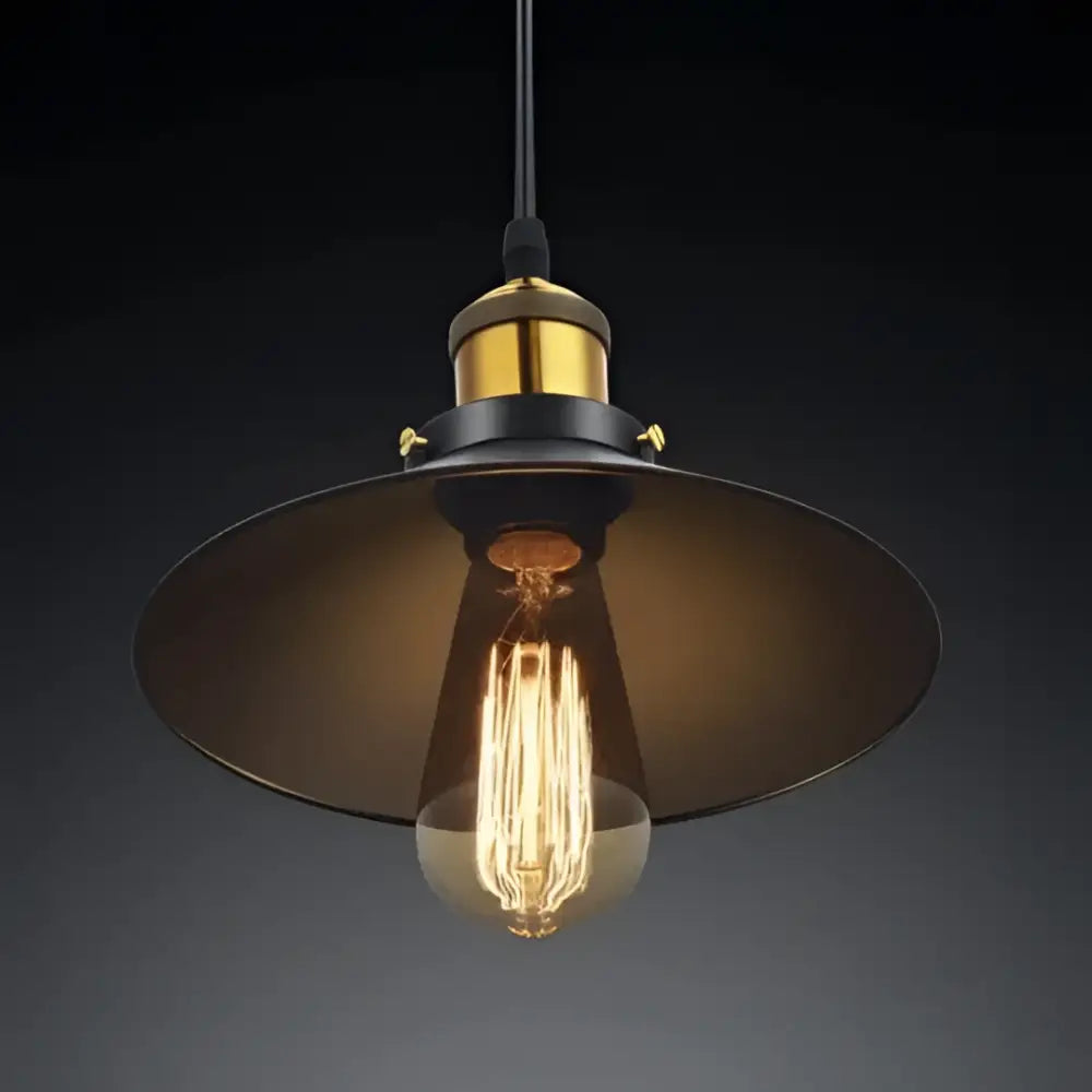 DecorBites™ industrial pendant lighting with black metal shade, brass accents, and exposed Edison bulb pendant light