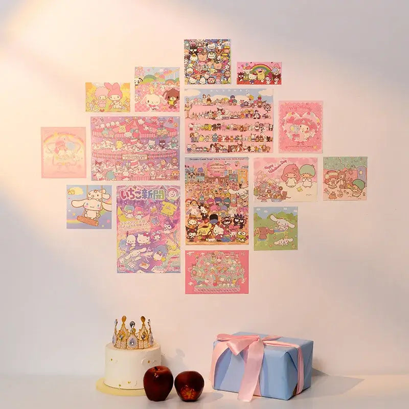A collection of colorful kawaii hellokitty monthly posters arranged in a heart shape for DecorBites™ monthly poster set