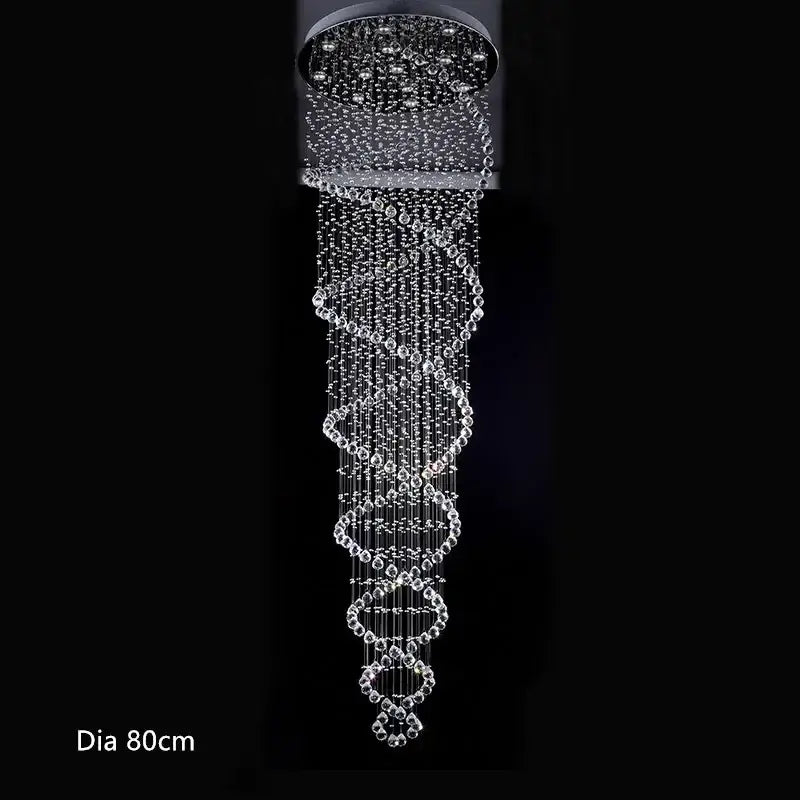 Crystal chandelier with cascading clear faceted beads in spiral pattern for luxury hotel lighting by DecorBites LED chandelier