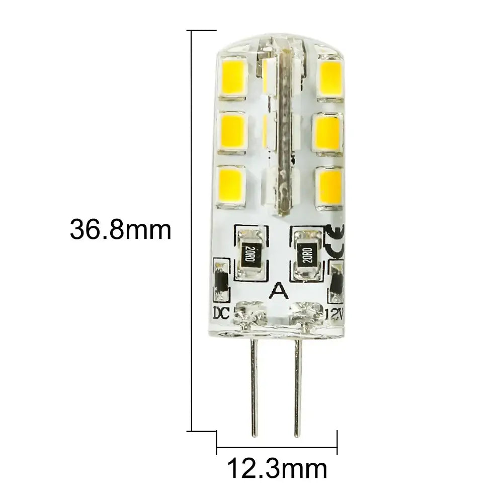 Clear glass decorbites led g4 3w smd bulb with 24 yellow leds arranged vertically and metallic pins labeled 12v dc