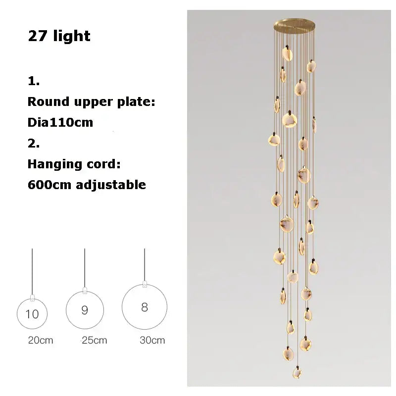 Decorbites led marble gold chandelier with 27 warm oval glass pendants and brass plate for living room lighting