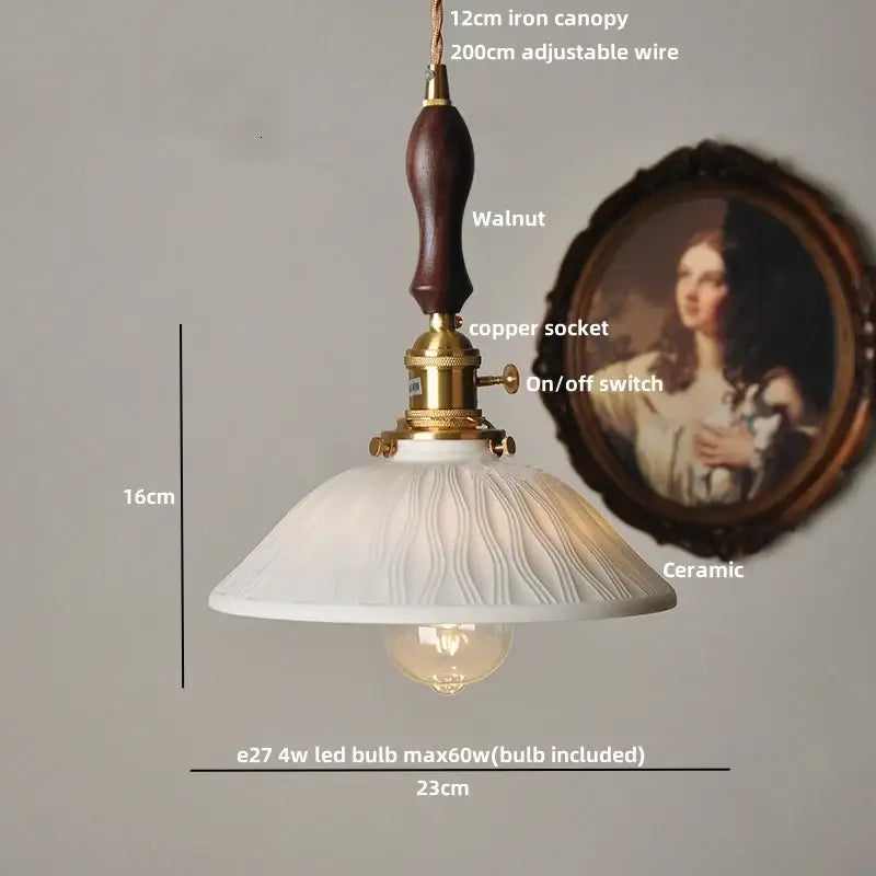 White ceramic pendant light with walnut-finished iron canopy and brass accents by DecorBites led pendant light