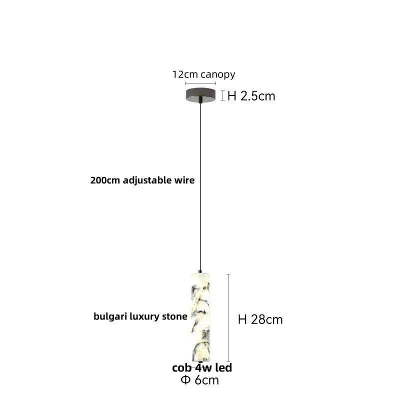 Decorbites™ led pendant light fixture with cylindrical swirling white and gray burlap luxury stone body and black canopy