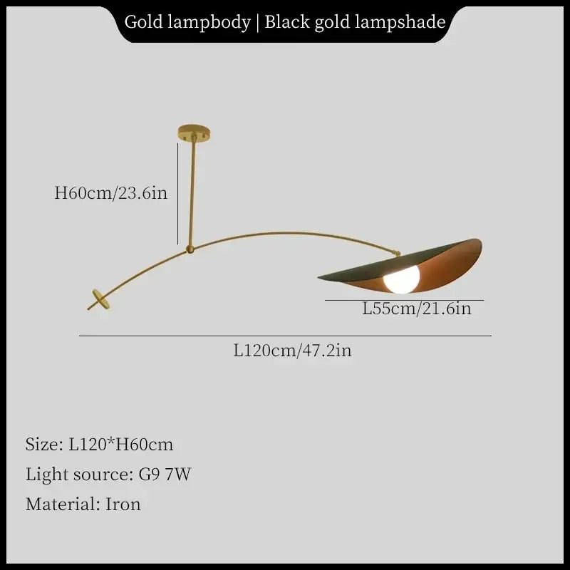 Decorbites led pendant lights featuring a gold iron lamp with black gold lampshade and curved arm design for modern decor