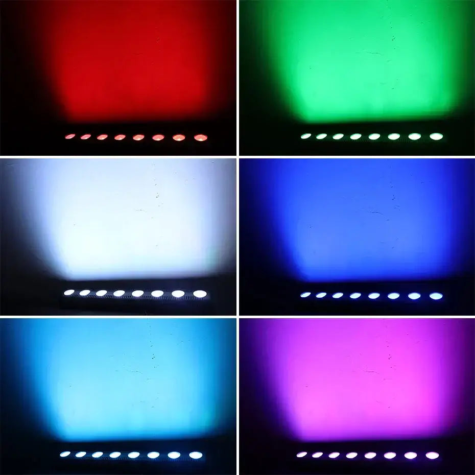 Decorbites™ led rgbw wall wash light with vibrant red green blue white and purple hues in six color modes for party use