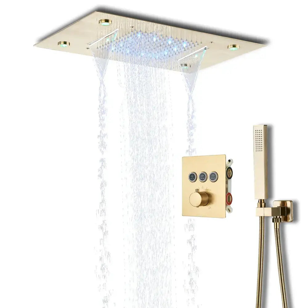 Gold-toned rectangular rain shower head with led lighting and multiple flow settings in decorbites™ shower faucet set