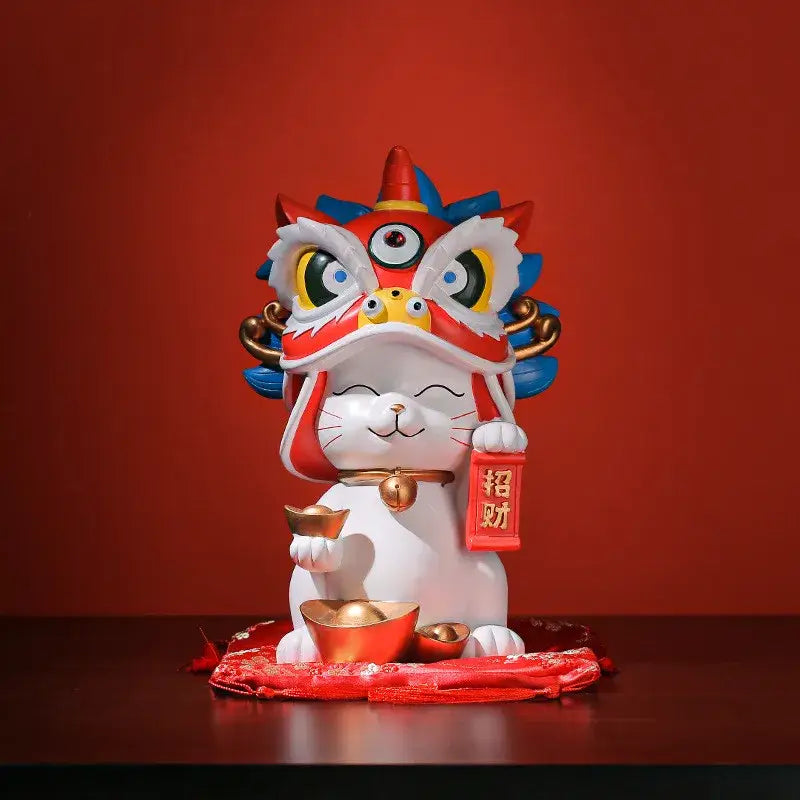 White ceramic decorbites lucky cat holding gold coins and a red banner with lion dance mask home decor for wealth and luck