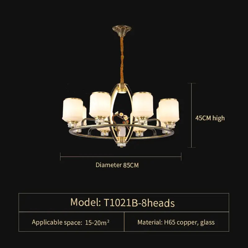 A decorbites luxe jade chandelier with a polished brass frame and six frosted glass shades for living room and villa hall