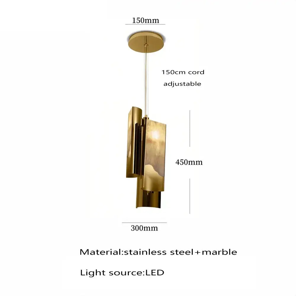 Modern gold-toned DecorBites Luxe Marble pendant light with stacked rectangular marble and stainless steel shades for kitchen island