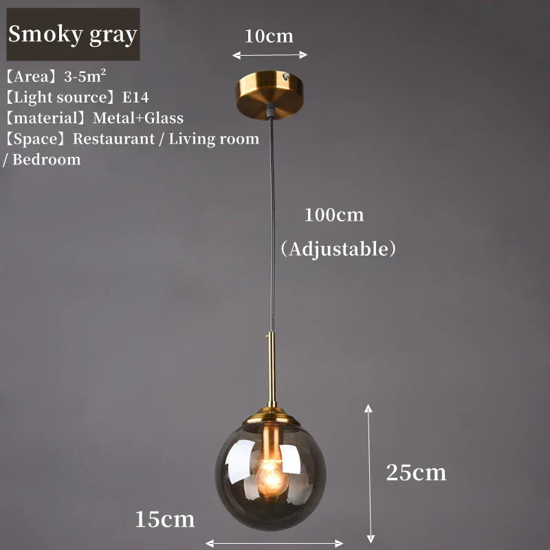 A luxury nordic led chandelier featuring a smoky gray glass pendant with brass fixture and adjustable chain for dining room use