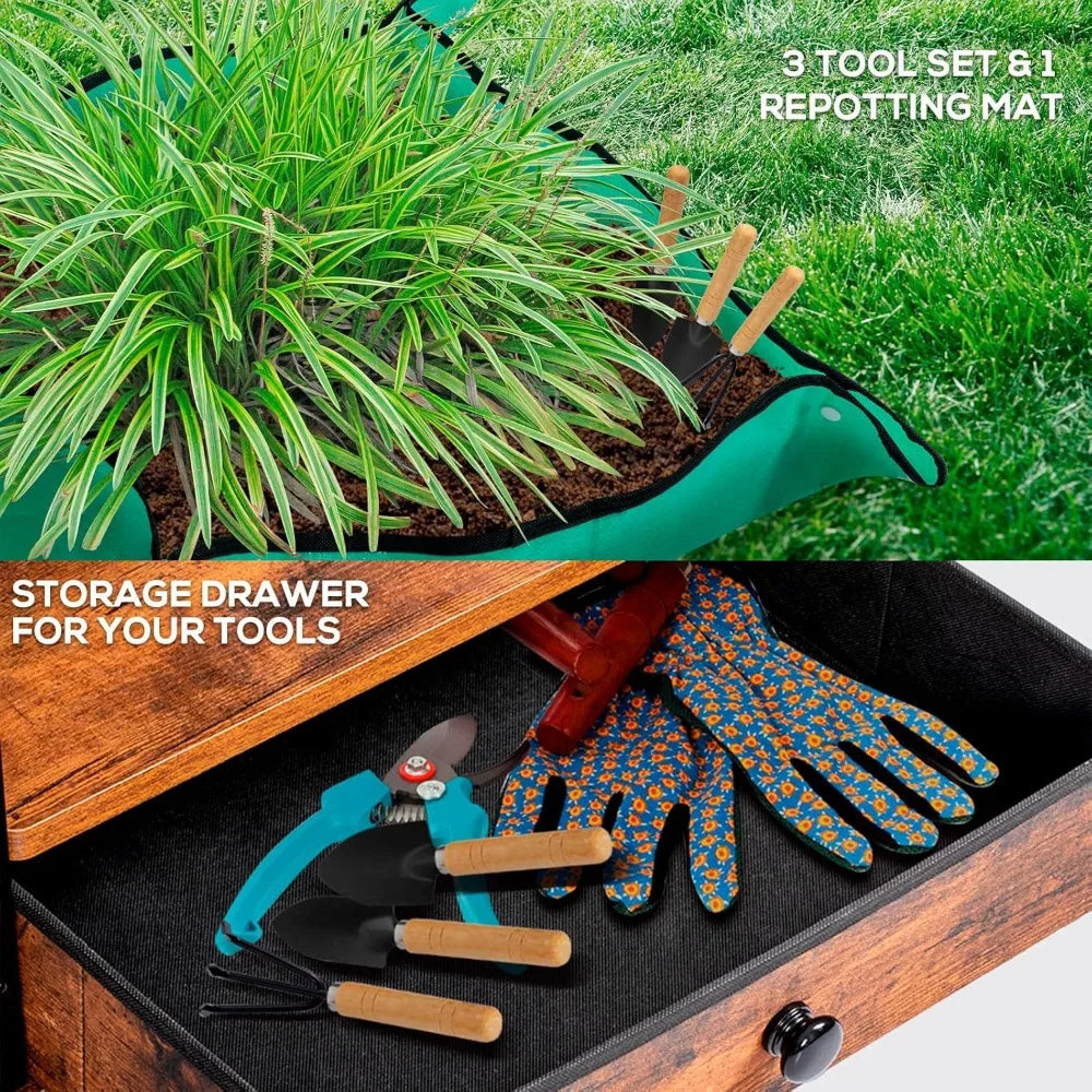Teal green fabric garden tool set with wooden handles and matching repotting mat beside decorbites modern indoor plant stand with lockable wheels