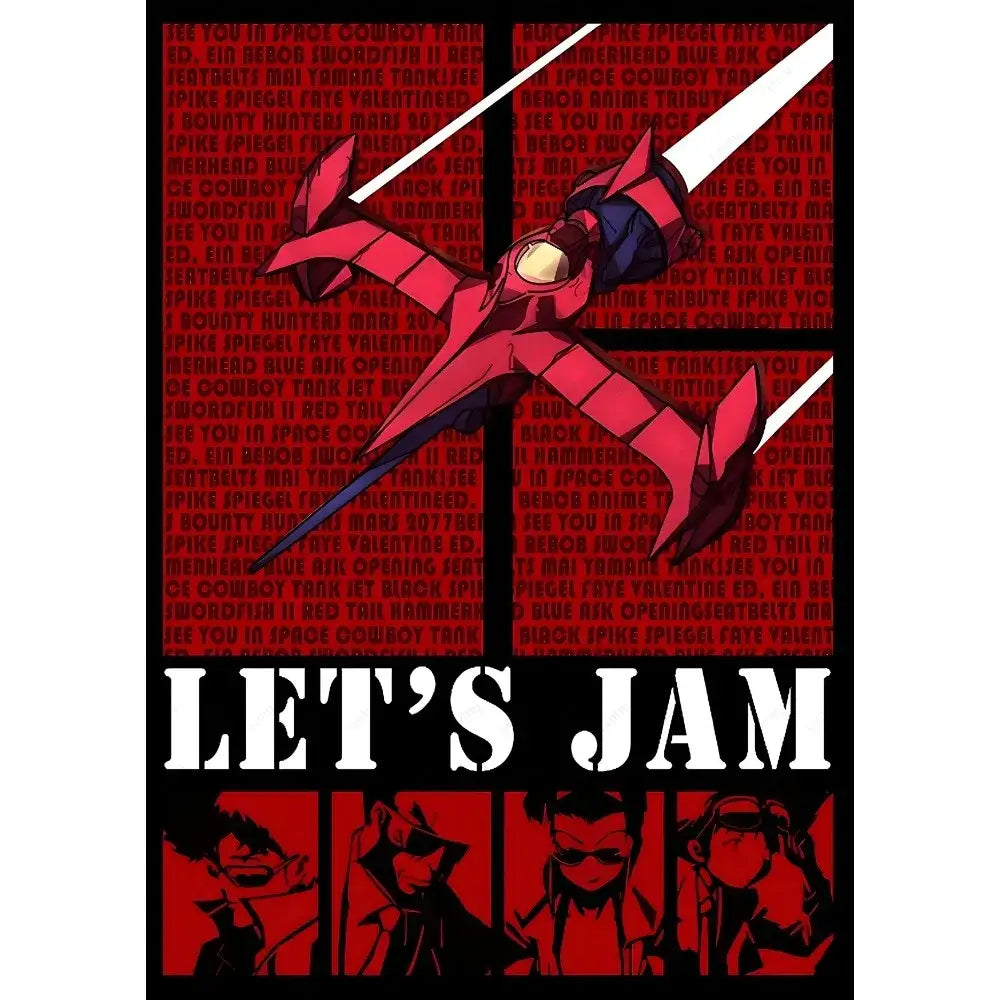 Decorbites™ retro cowboy bebop anime poster featuring a red and black angular mecha robot with a white sword weapon