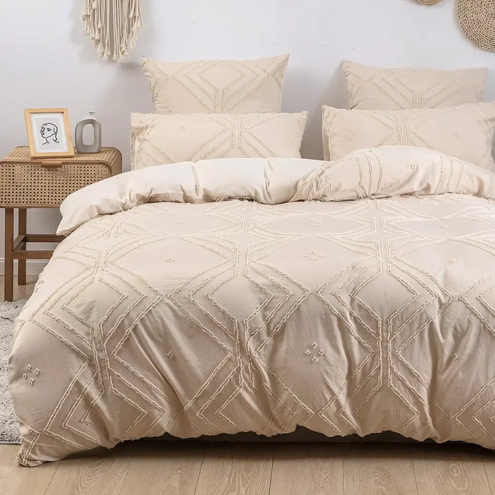Beige textured duvet cover set with geometric embroidery pattern made of soft tufted microfiber by DecorBites