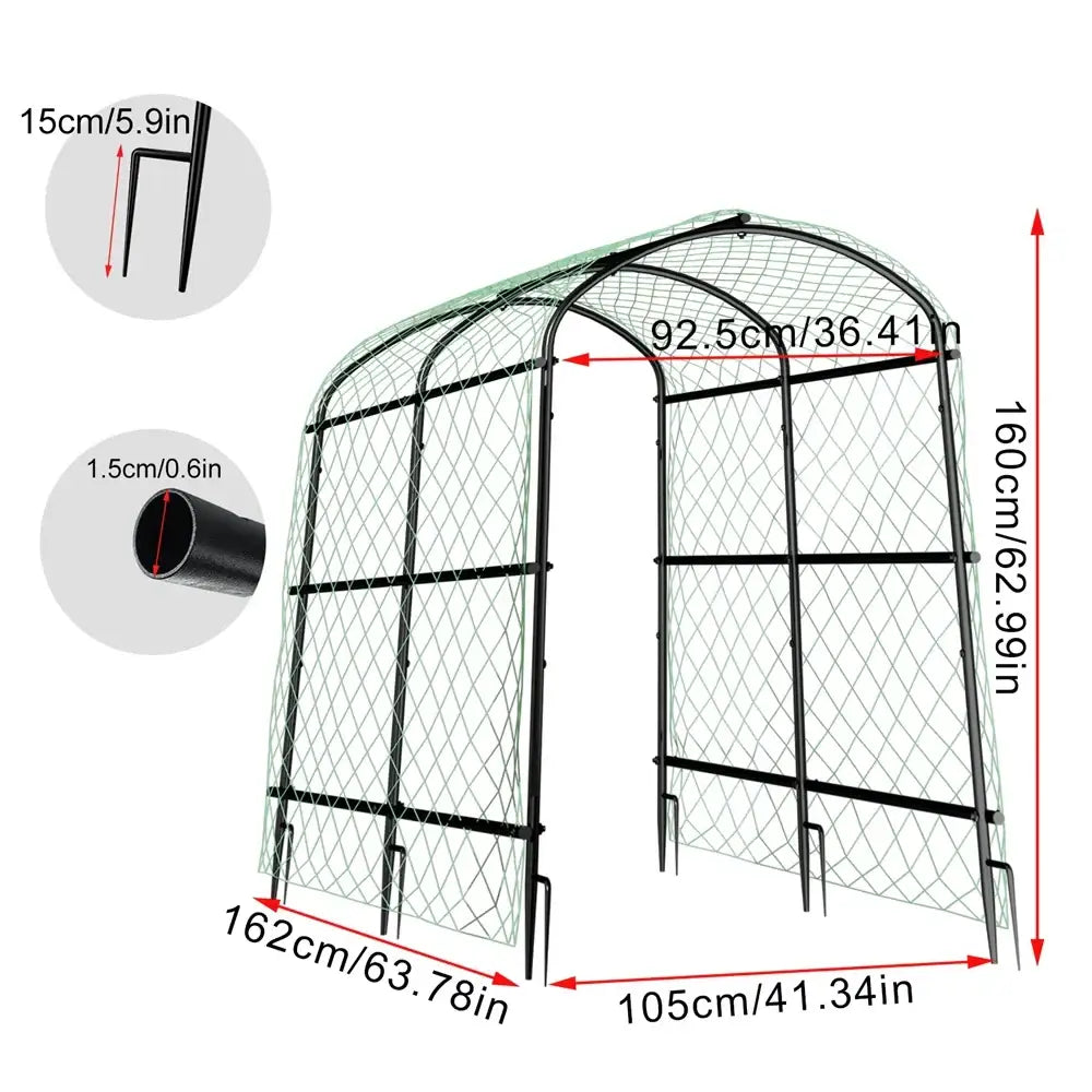 Black metal garden plant trellis DecorBites™ tall U-shaped arbor with diamond mesh panels and curved arch design