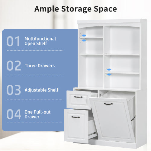 Bathroom Storage Cabinet With Tilt-Out Hamper, 70.9'' Tall Free Standing Organizer With Drawers & Adjustable Shelves, MDF Linen Tower With Steel Handles, White Finish