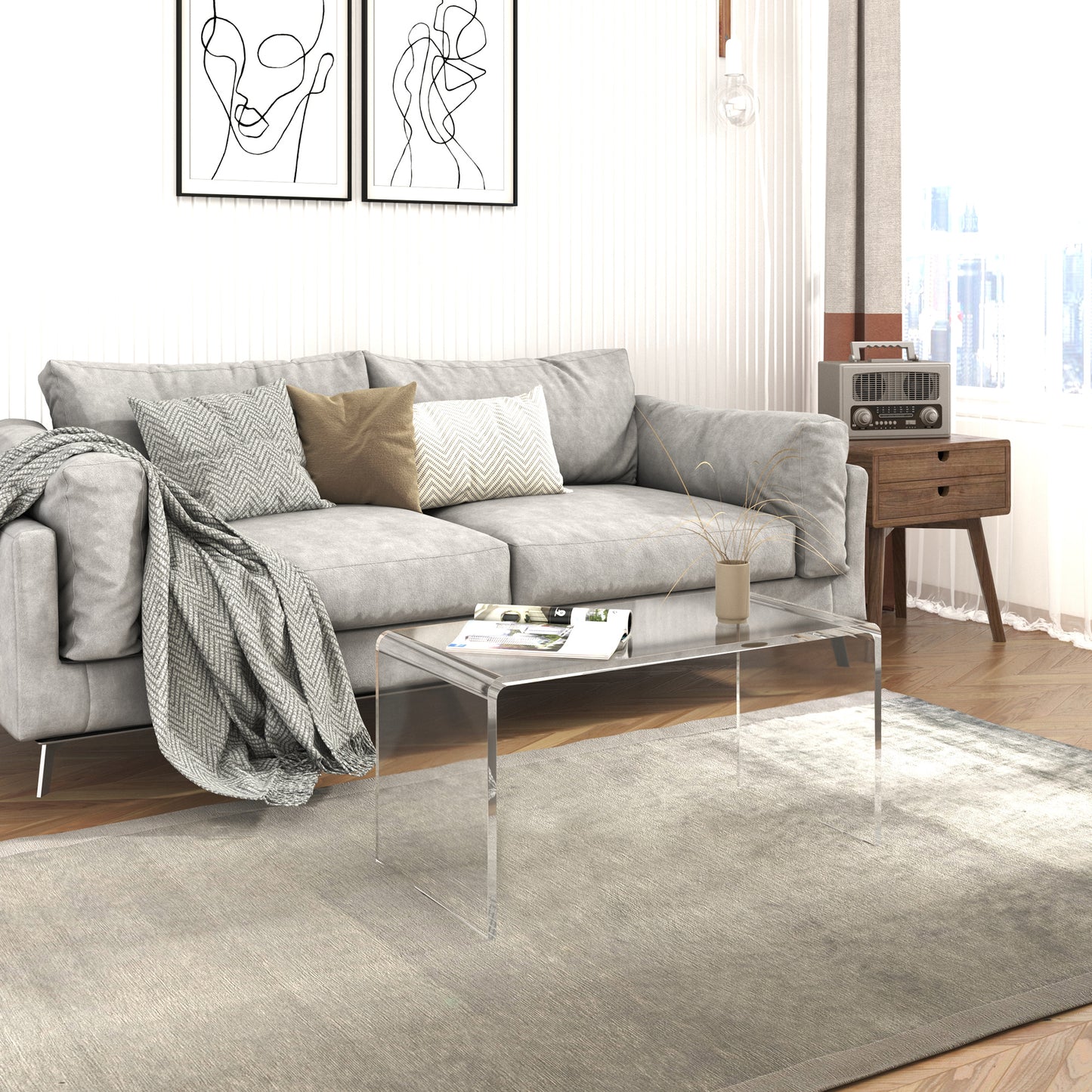 32 Clear Acrylic Coffee Table, 0.5In Thick C-Shape Waterfall End Coffee Table, Multipurpose Lucite Tea Table For Living Room