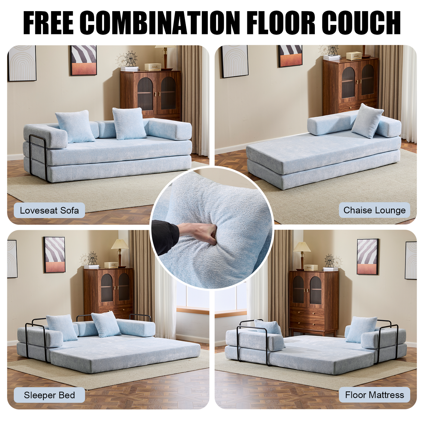 Floor Couch,Compression Sofa,Convertible Floor Sofa Bed-with Pillow Back Support Armrest,Comfy Futon Couch Lounge Sleeper Bed,Chenille Fabric,for Living Room Bedroom LIGHT-BLUE