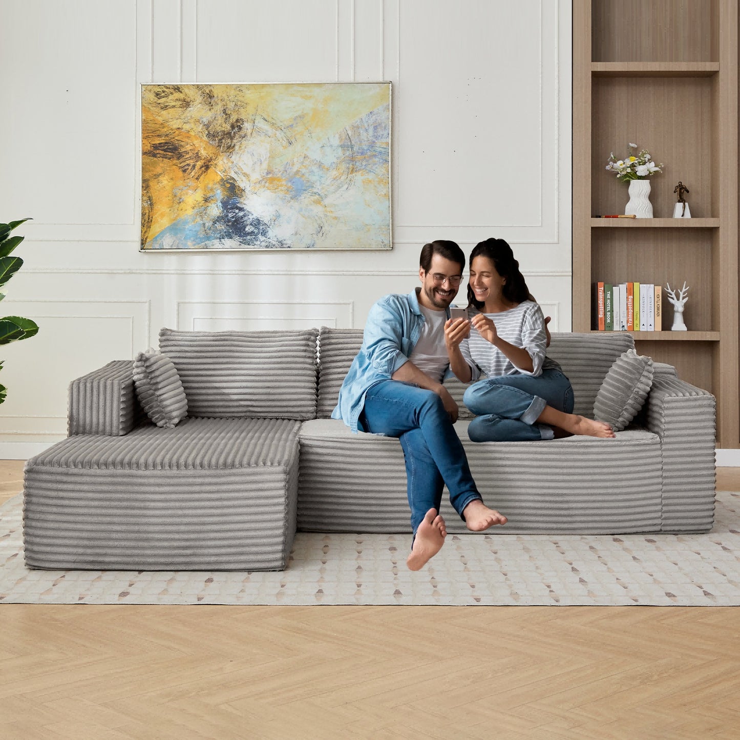 L-Shaped Compression Sofa Bed With Corduroy Fabric - Convertible Sectional Sofa, Foldable Floor Couch Sleeper, Space-Saving Flannel-Like Lounge For Small Apartments, Living Room & Game Room NO TUME