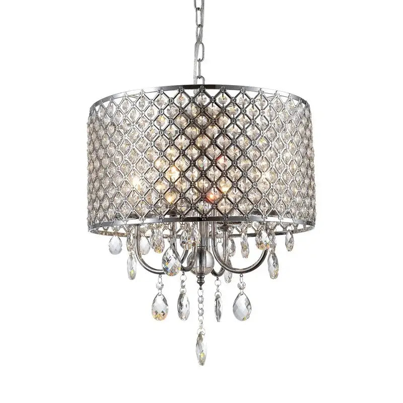 Elegant crystal chandelier pendant light with silver tone cylindrical crystal cage and teardrop crystals for dining room decor