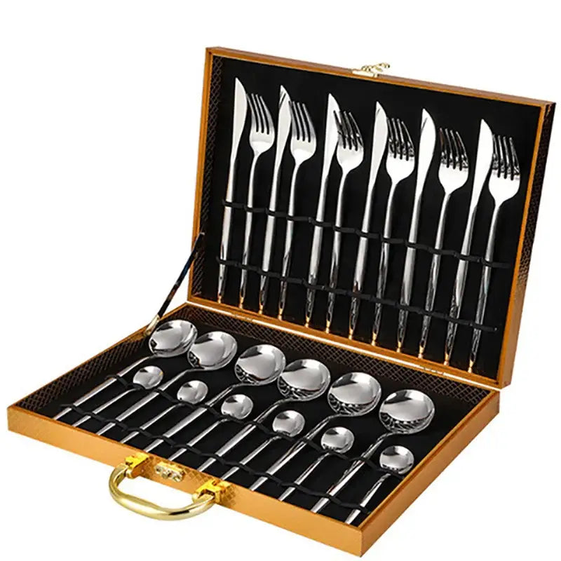 Luxury gold stainless steel cutlery set in a wooden carrying case with black velvet lining ideal for dining room gifts