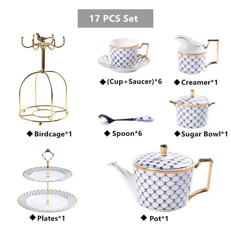 White porcelain teapot with gold trim and black diamond lattice pattern from decorbites gold porcelain tea service